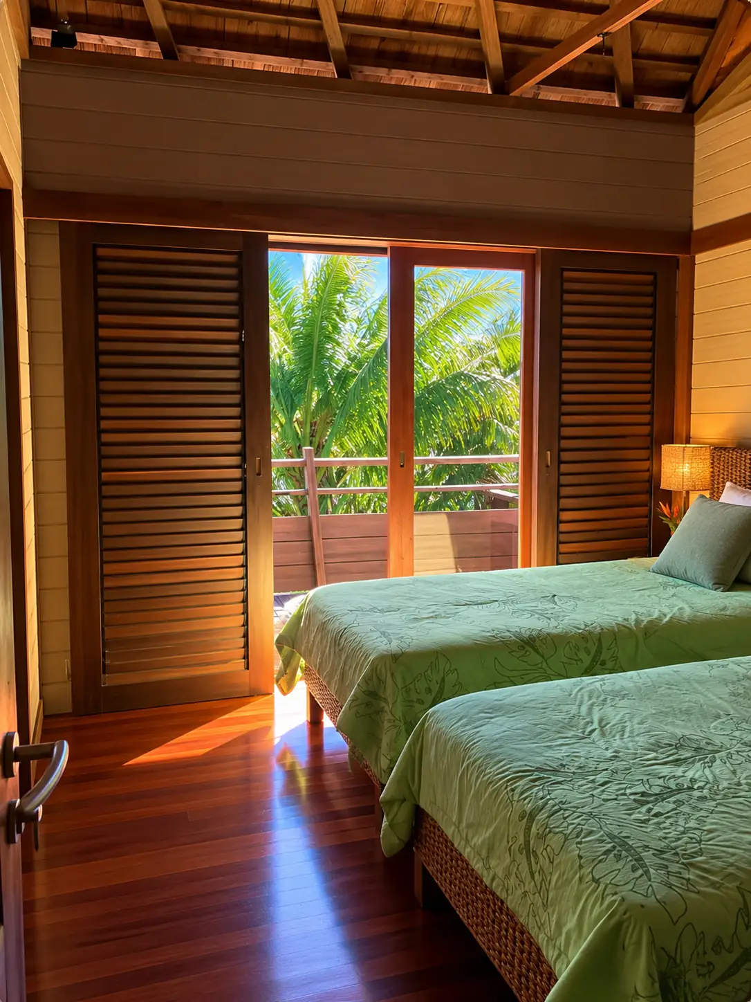 Chambre aux deux lits simples, porte ouverte sur les palmiers