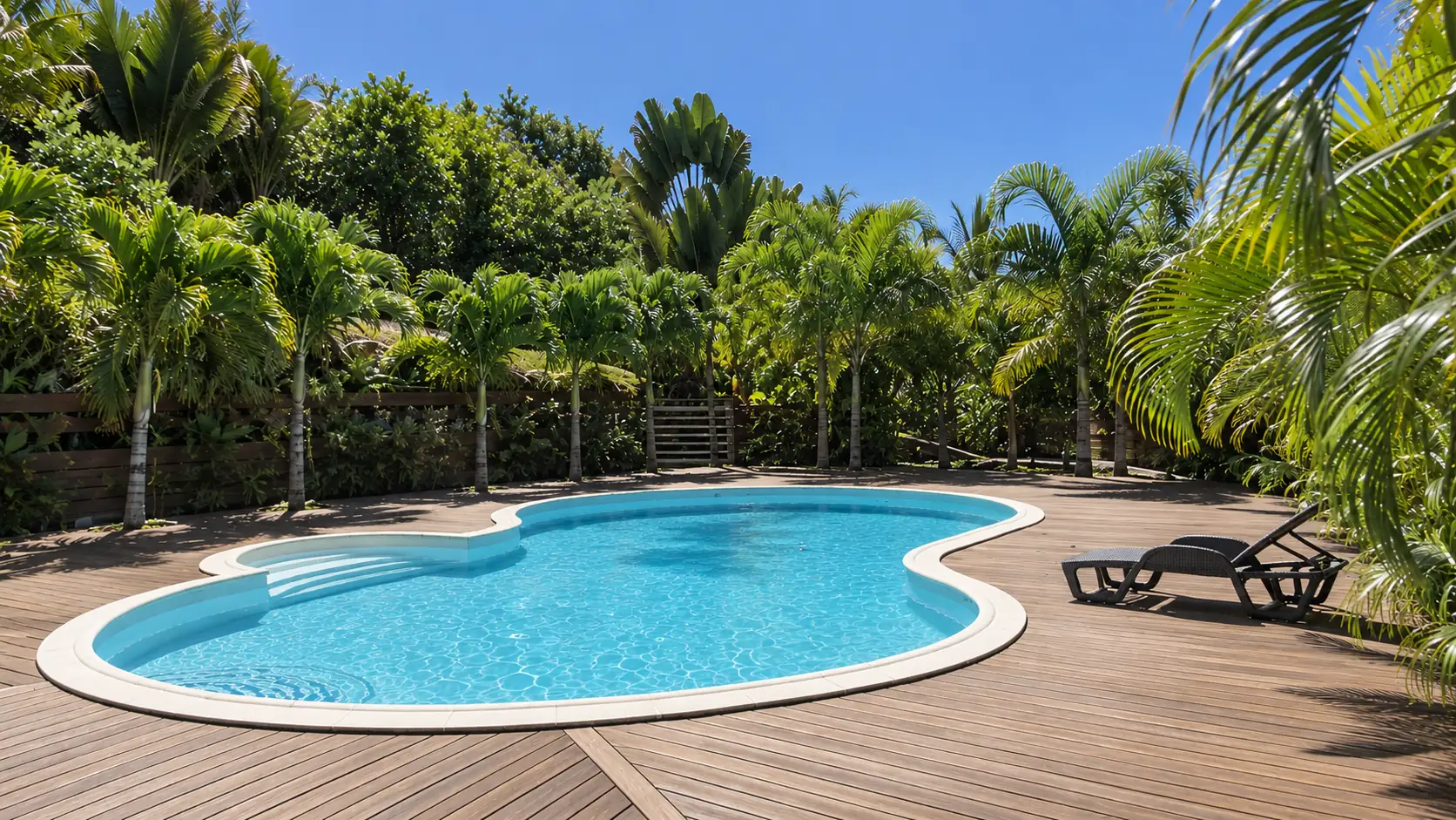La piscine partagée de la résidence, bordée de palmiers